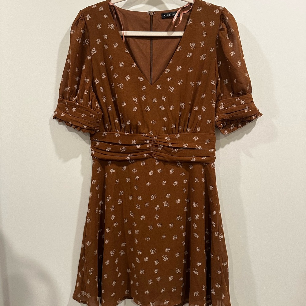 Very J Brown Cream Puff Sleeve Wrap Mini Dress